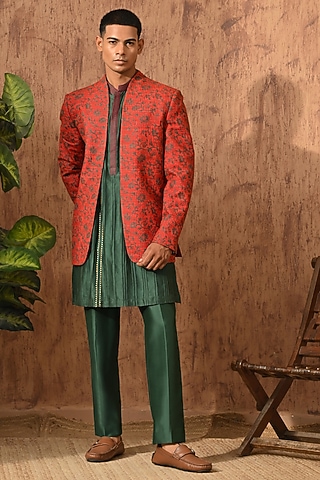 Rust Silk Hand Block Printed Bandhgala Set by Sulakshna Jasra
