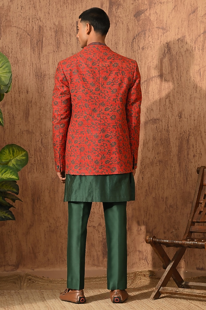 Rust Silk Hand Block Printed Wedding Bandhgala Set by Sulakshna Jasra at Pernia's Pop Up Shop