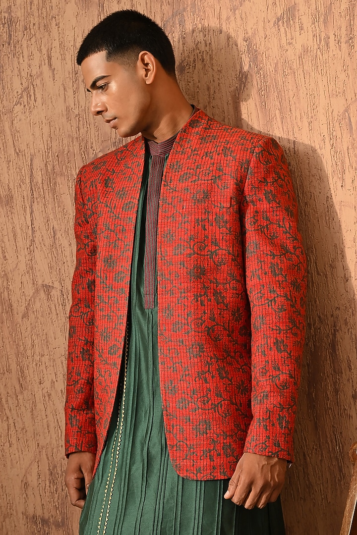 Rust Silk Hand Block Printed Wedding Bandhgala Set by Sulakshna Jasra at Pernia's Pop Up Shop