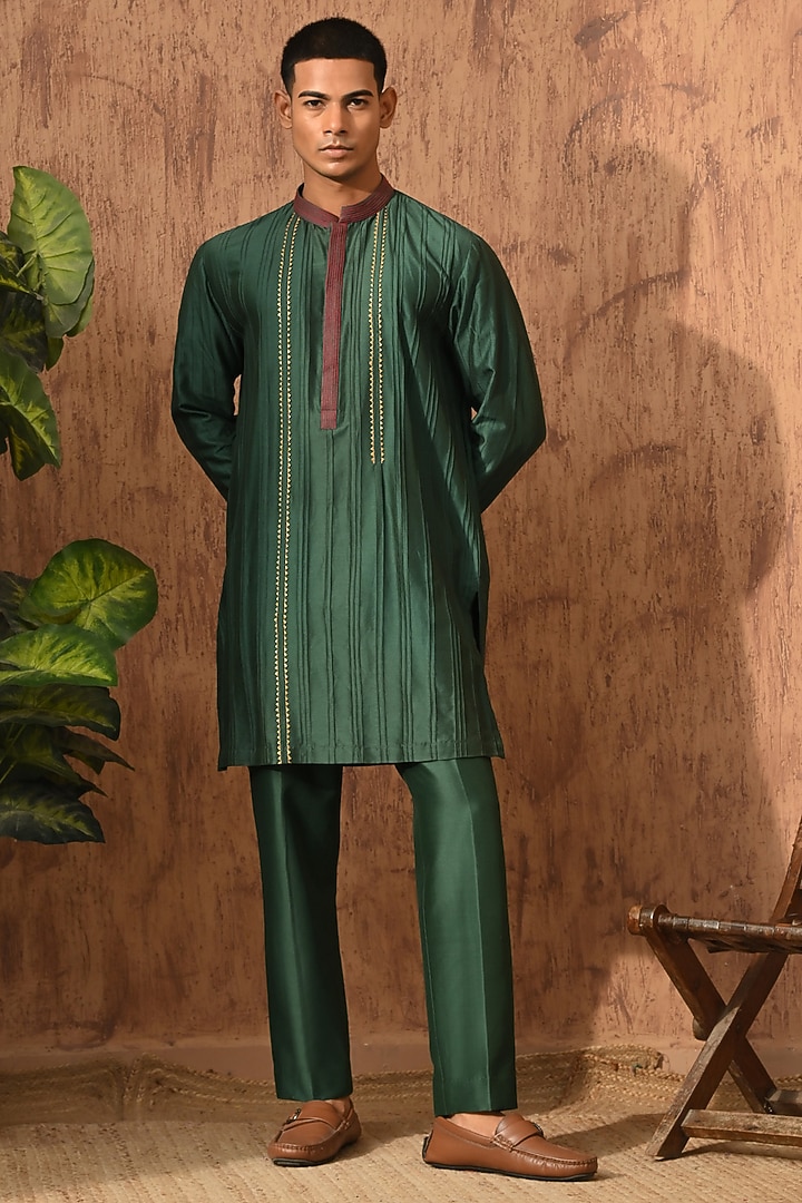 Rust Silk Hand Block Printed Wedding Bandhgala Set by Sulakshna Jasra at Pernia's Pop Up Shop