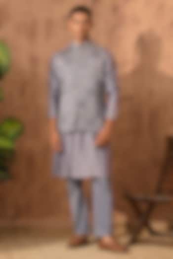 Grey Linen Satin Embroidered Nehru Jacket Set by Sulakshna Jasra at Pernia's Pop Up Shop