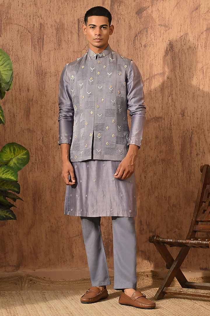 Grey Linen Satin Embroidered Nehru Jacket Set by Sulakshna Jasra at Pernia's Pop Up Shop