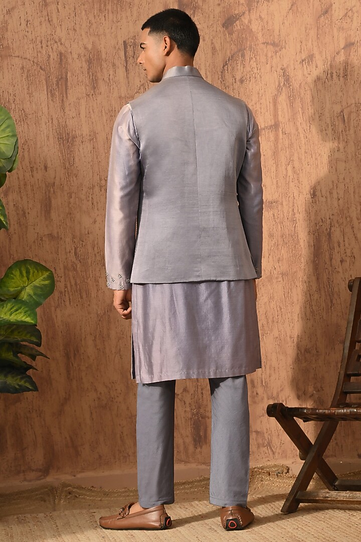 Grey Linen Satin Embroidered Nehru Jacket Set by Sulakshna Jasra at Pernia's Pop Up Shop