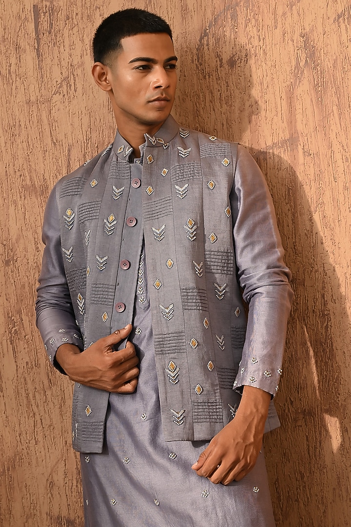 Grey Linen Satin Embroidered Nehru Jacket Set by Sulakshna Jasra at Pernia's Pop Up Shop