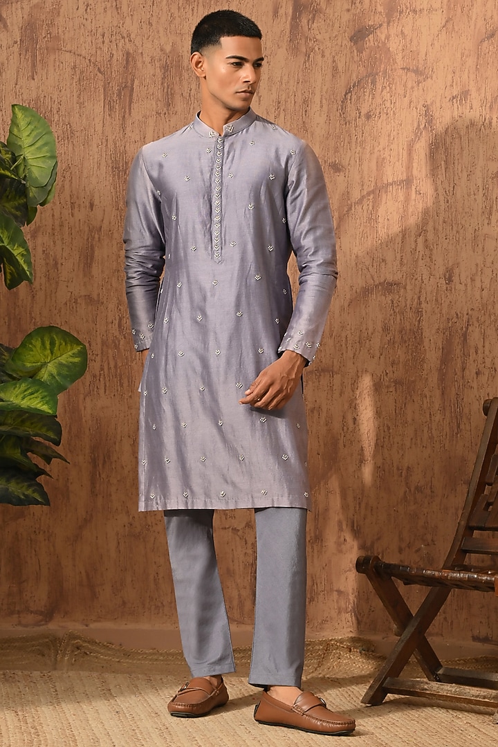 Grey Linen Satin Embroidered Nehru Jacket Set by Sulakshna Jasra at Pernia's Pop Up Shop
