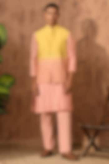 Yellow & Peach Monga Silk Embroidered Nehru Jacket Set by Sulakshna Jasra at Pernia's Pop Up Shop