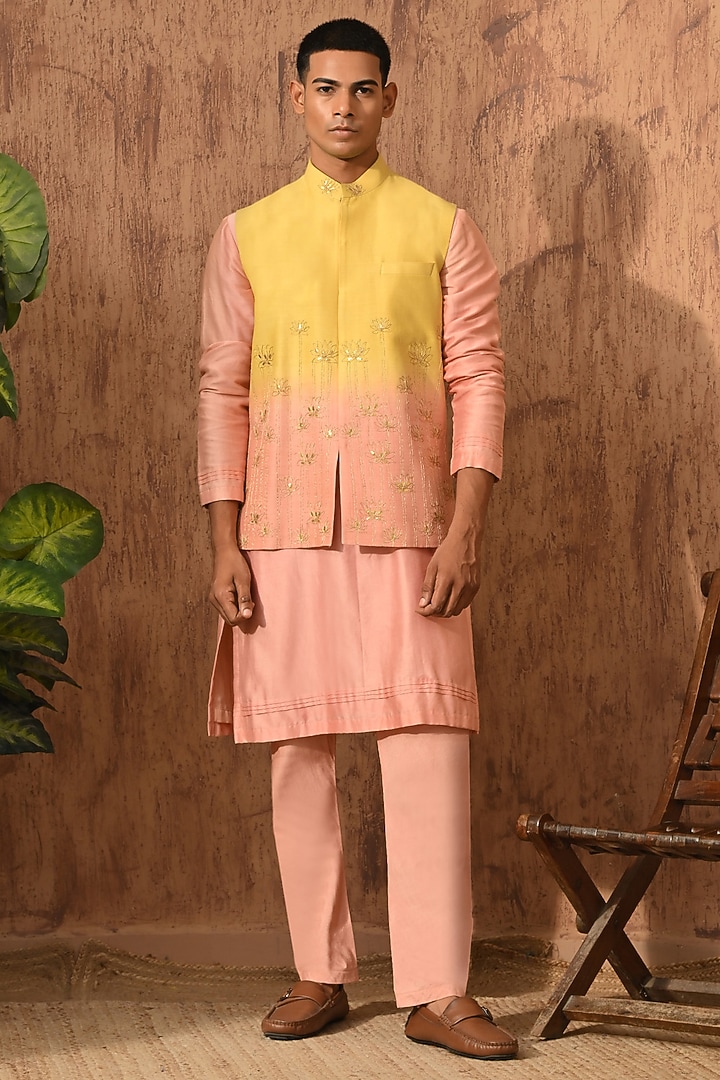 Yellow & Peach Monga Silk Embroidered Nehru Jacket Set by Sulakshna Jasra at Pernia's Pop Up Shop