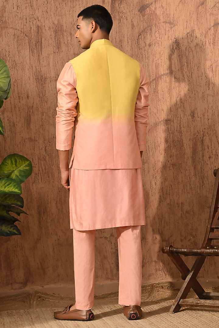 Yellow & Peach Monga Silk Embroidered Nehru Jacket Set by Sulakshna Jasra at Pernia's Pop Up Shop