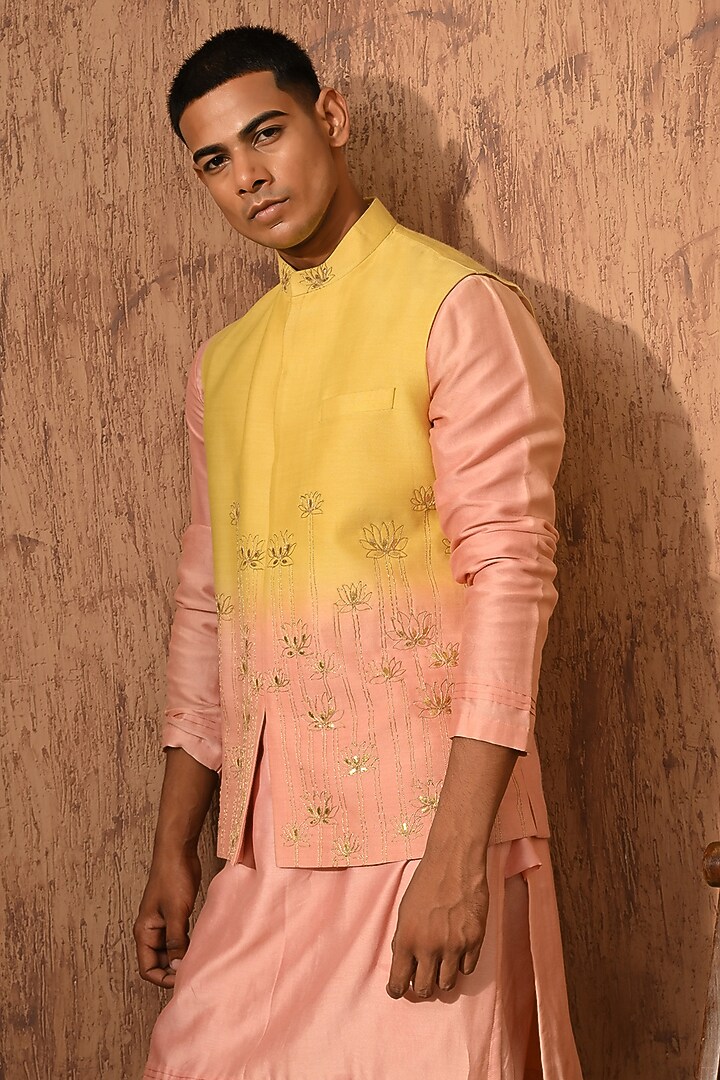 Yellow & Peach Monga Silk Embroidered Nehru Jacket Set by Sulakshna Jasra at Pernia's Pop Up Shop