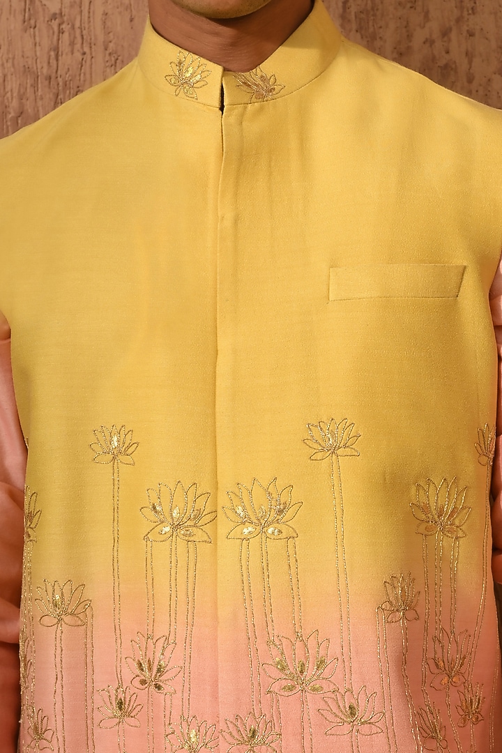 Yellow & Peach Monga Silk Embroidered Nehru Jacket Set by Sulakshna Jasra at Pernia's Pop Up Shop