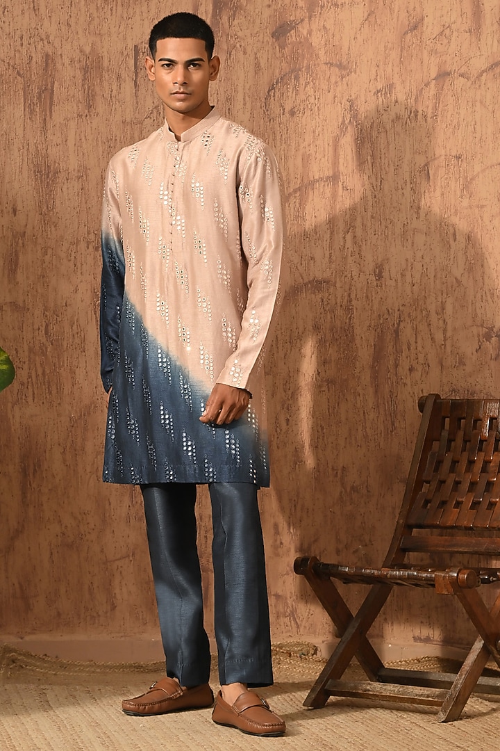 Rose Gold & Blue Viscose Silk Embroidered Kurta Set by Sulakshna Jasra at Pernia's Pop Up Shop