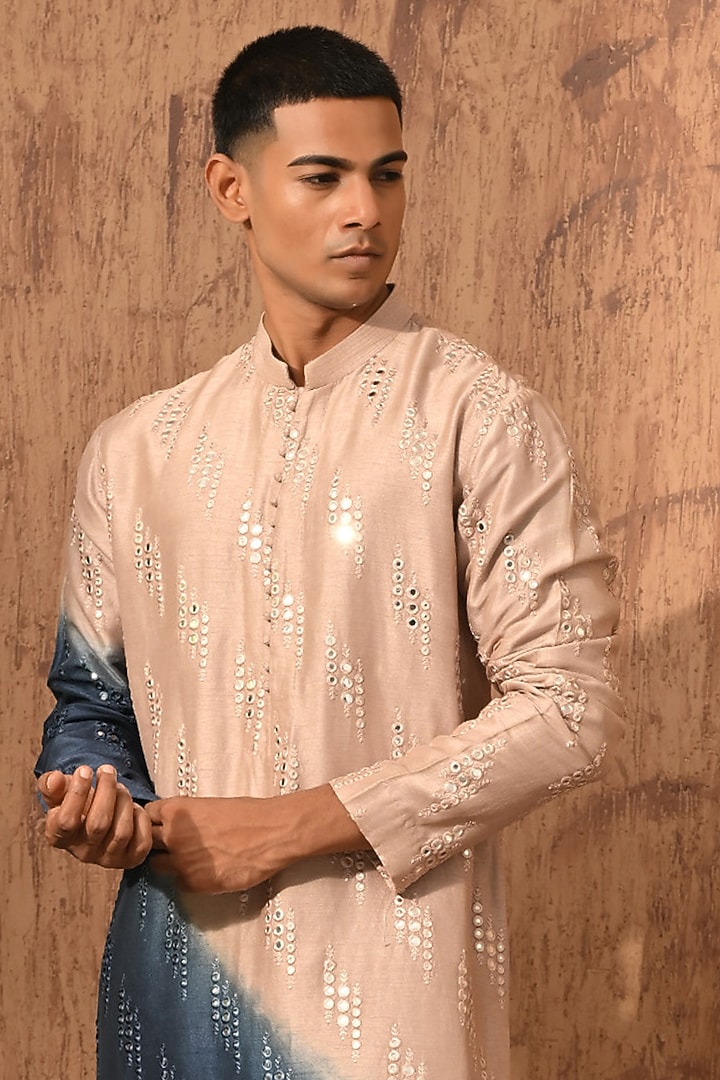 Rose Gold & Blue Viscose Silk Embroidered Kurta Set by Sulakshna Jasra at Pernia's Pop Up Shop