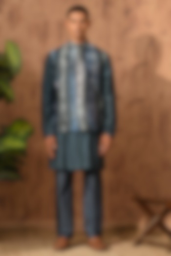 Blue Raw Silk Embroidered Nehru Jacket Set by Sulakshna Jasra at Pernia's Pop Up Shop