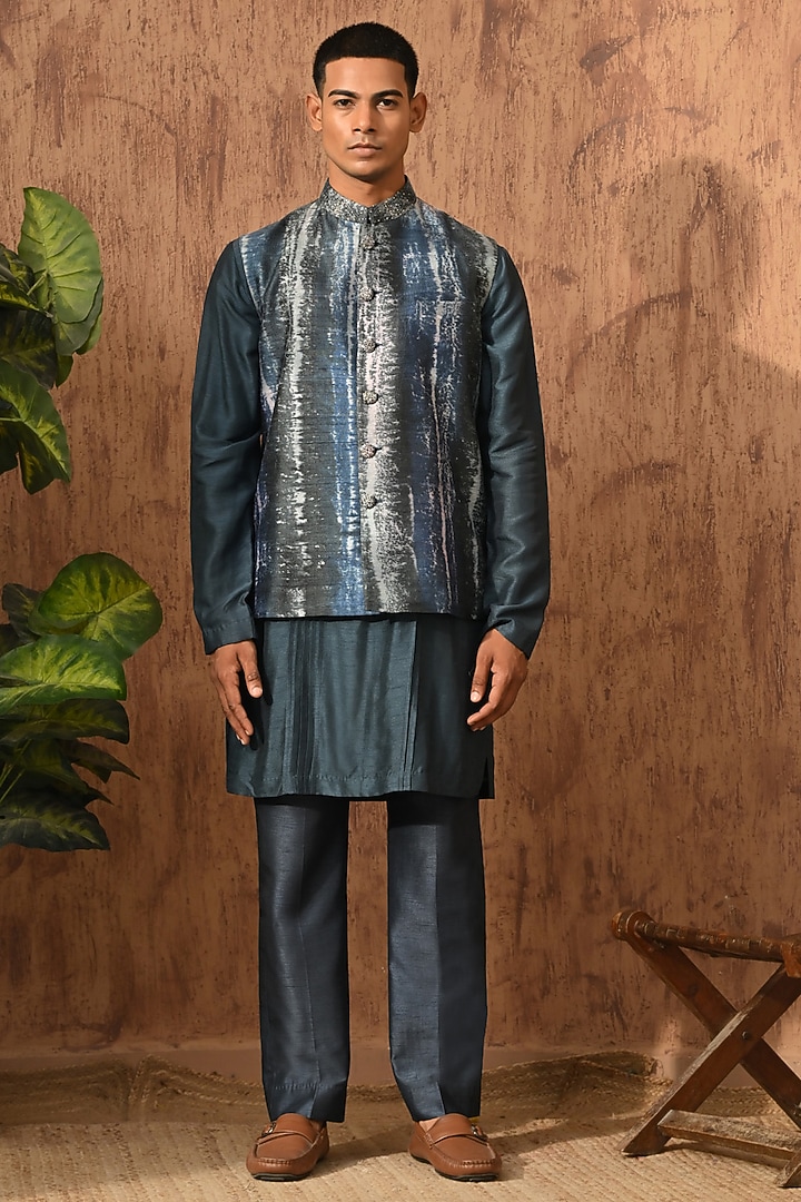 Blue Raw Silk Embroidered Nehru Jacket Set by Sulakshna Jasra at Pernia's Pop Up Shop