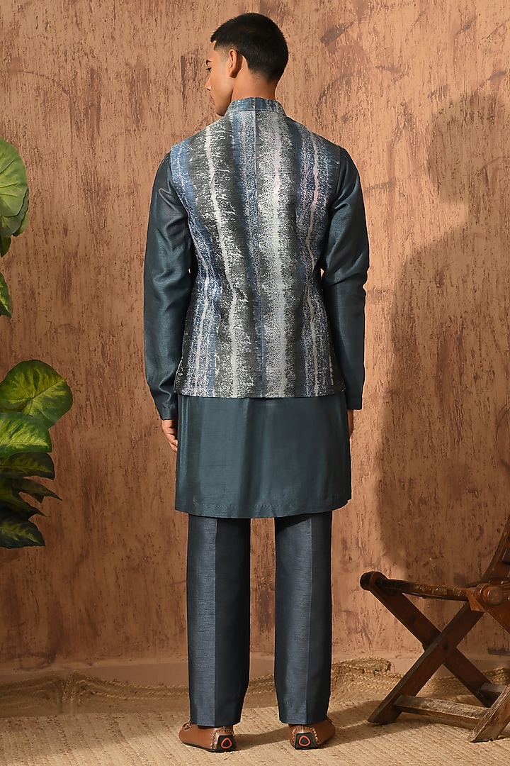 Blue Raw Silk Embroidered Nehru Jacket Set by Sulakshna Jasra at Pernia's Pop Up Shop