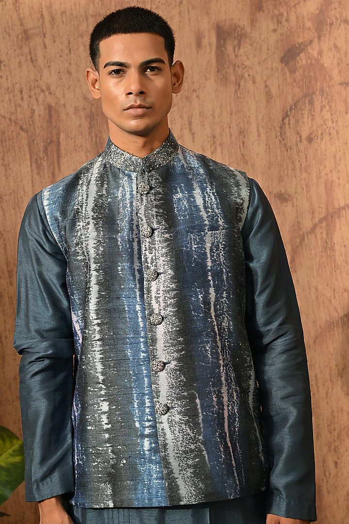Blue Raw Silk Embroidered Nehru Jacket Set by Sulakshna Jasra at Pernia's Pop Up Shop