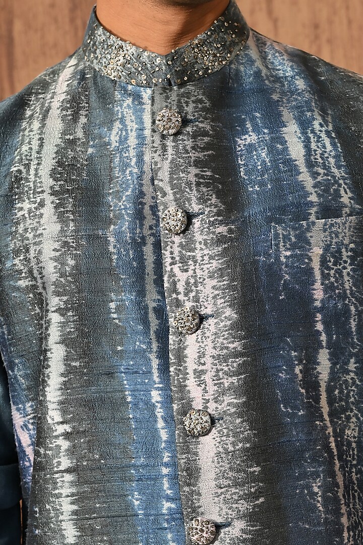 Blue Raw Silk Embroidered Nehru Jacket Set by Sulakshna Jasra at Pernia's Pop Up Shop