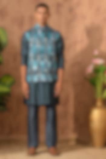 Blue Raw Silk Embroidered Nehru Jacket Set by Sulakshna Jasra at Pernia's Pop Up Shop