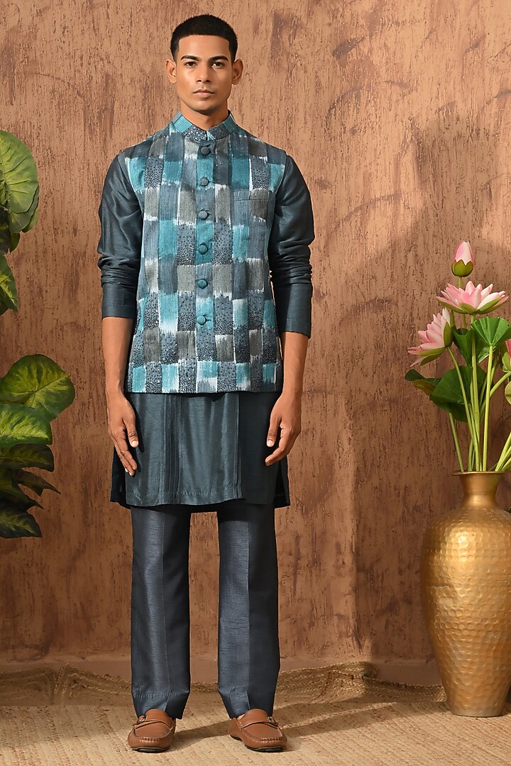 Blue Raw Silk Embroidered Nehru Jacket Set by Sulakshna Jasra at Pernia's Pop Up Shop