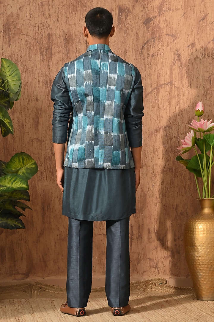 Blue Raw Silk Embroidered Nehru Jacket Set by Sulakshna Jasra at Pernia's Pop Up Shop