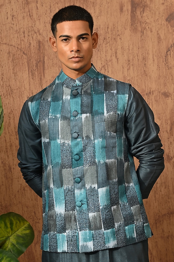 Blue Raw Silk Embroidered Nehru Jacket Set by Sulakshna Jasra at Pernia's Pop Up Shop