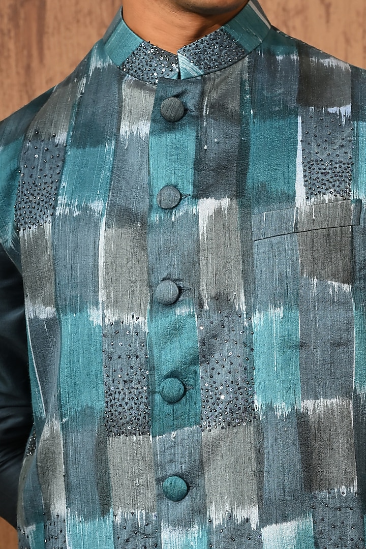 Blue Raw Silk Embroidered Nehru Jacket Set by Sulakshna Jasra at Pernia's Pop Up Shop