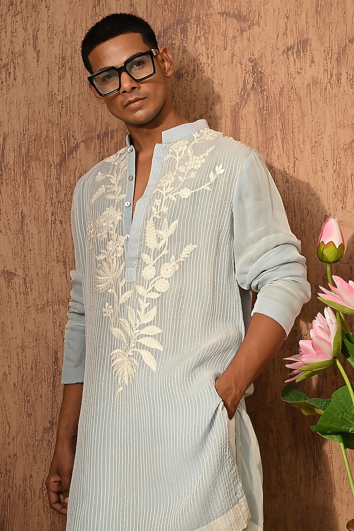 Blue Organza Thread Work Kurta Set by Sulakshna Jasra at Pernia's Pop Up Shop