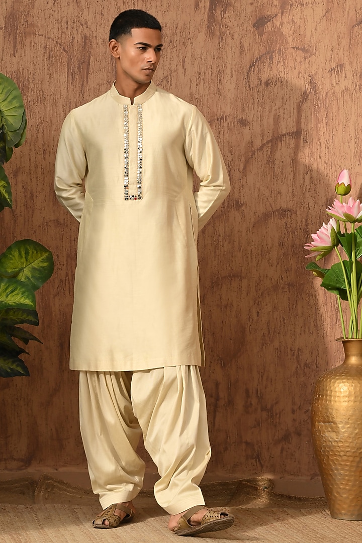Beige Viscose Silk Embroidered Kurta Set by Sulakshna Jasra at Pernia's Pop Up Shop