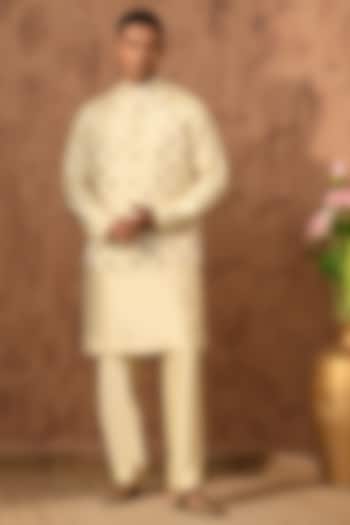 Beige Tissue Embroidered Nehru Jacket Set by Sulakshna Jasra at Pernia's Pop Up Shop