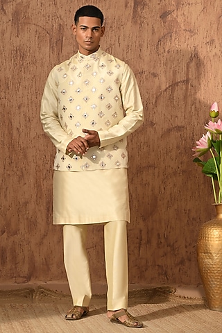 Beige Tissue Embroidered Nehru Jacket Set by Sulakshna Jasra