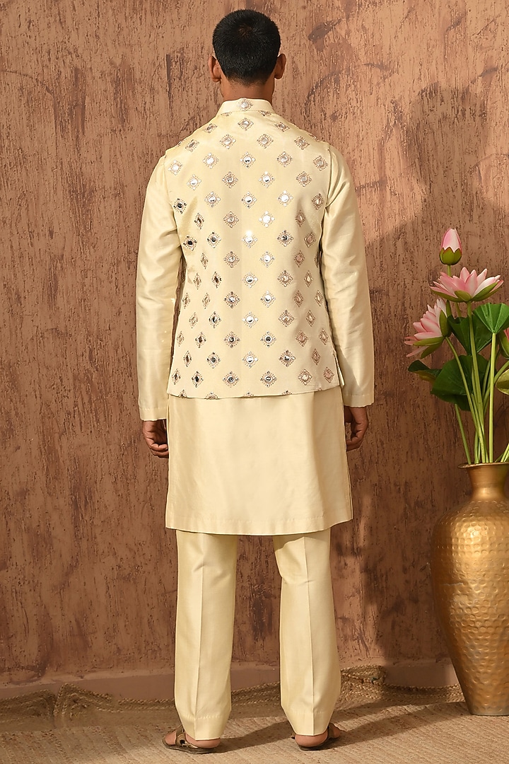Beige Tissue Embroidered Nehru Jacket Set by Sulakshna Jasra at Pernia's Pop Up Shop