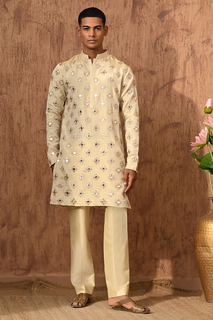 Beige Tissue Embroidered Nehru Jacket Set by Sulakshna Jasra at Pernia's Pop Up Shop