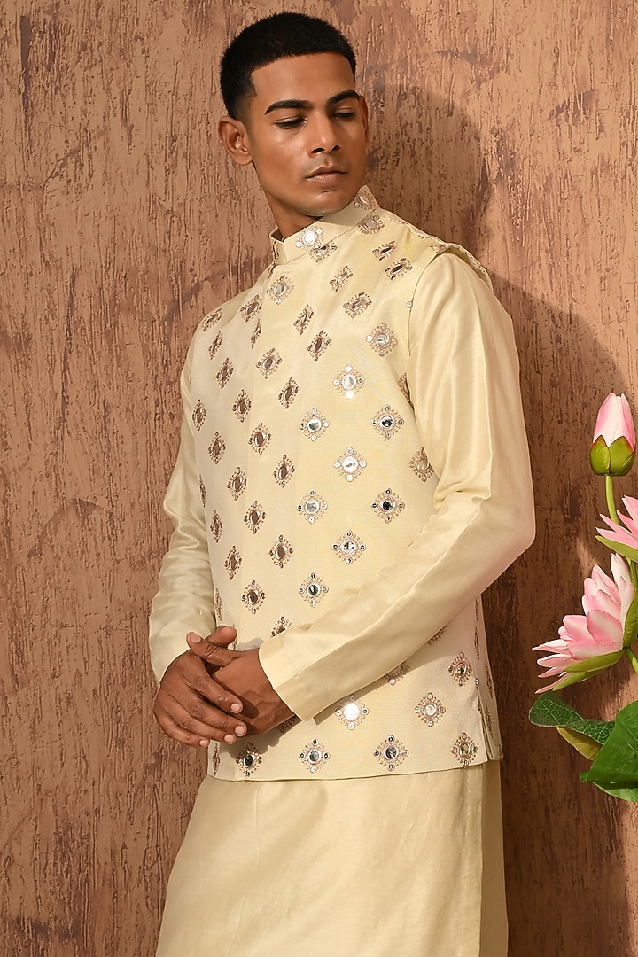 Beige Tissue Embroidered Nehru Jacket Set by Sulakshna Jasra at Pernia's Pop Up Shop
