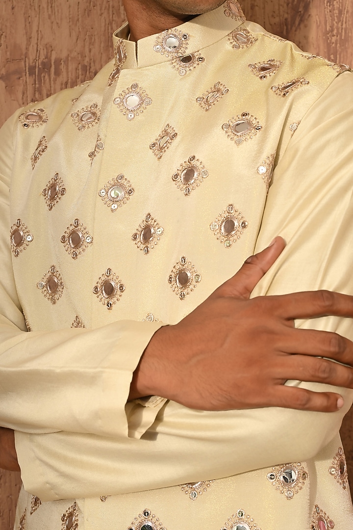 Beige Tissue Embroidered Nehru Jacket Set by Sulakshna Jasra at Pernia's Pop Up Shop