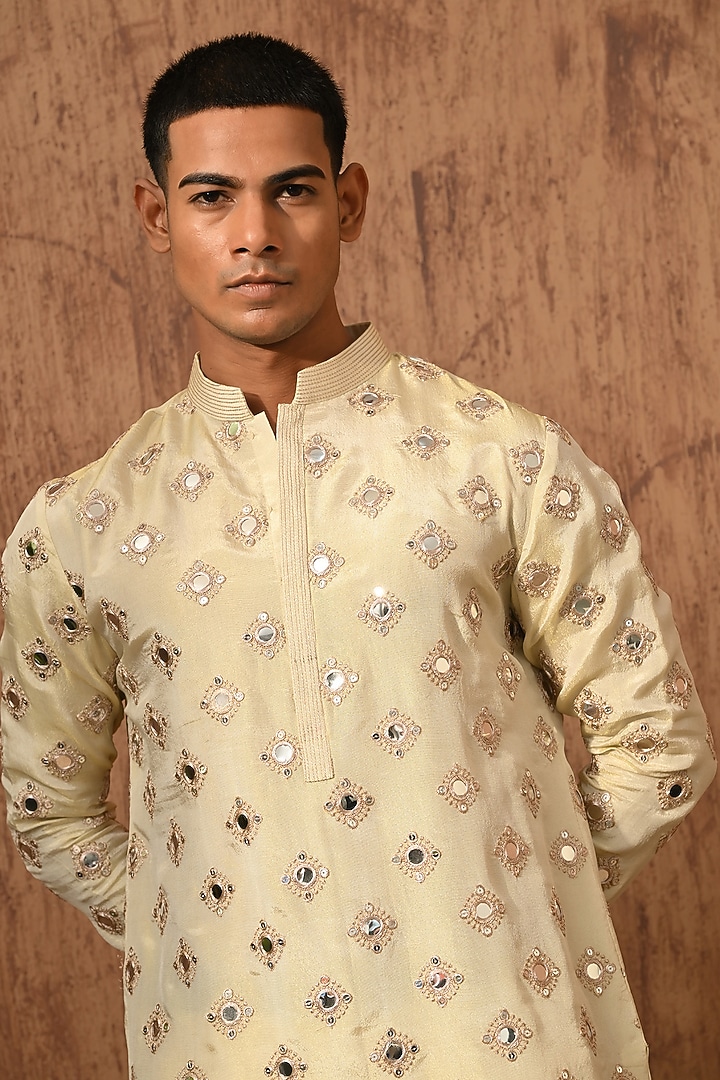 Beige Tissue Embroidered Kurta Set by Sulakshna Jasra at Pernia's Pop Up Shop