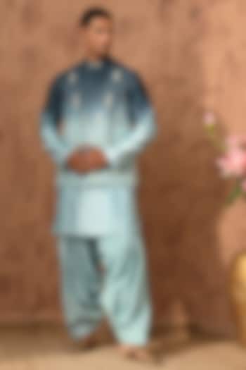 Blue Chanderi Embroidered Nehru Jacket Set by Sulakshna Jasra at Pernia's Pop Up Shop