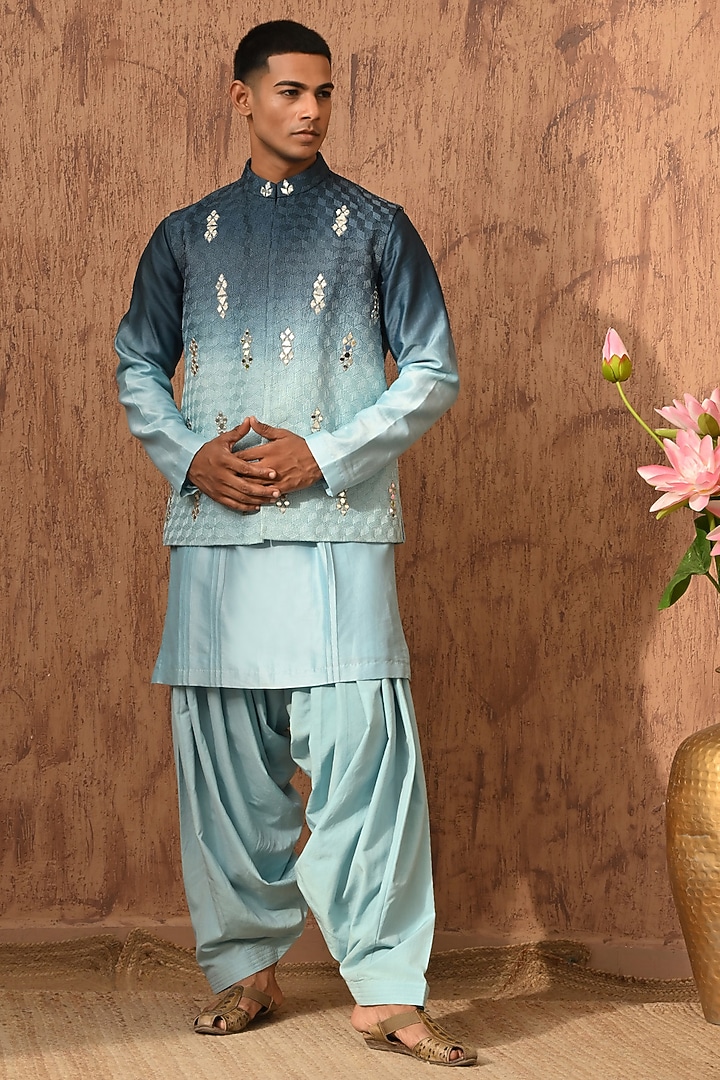 Blue Chanderi Embroidered Nehru Jacket Set by Sulakshna Jasra at Pernia's Pop Up Shop