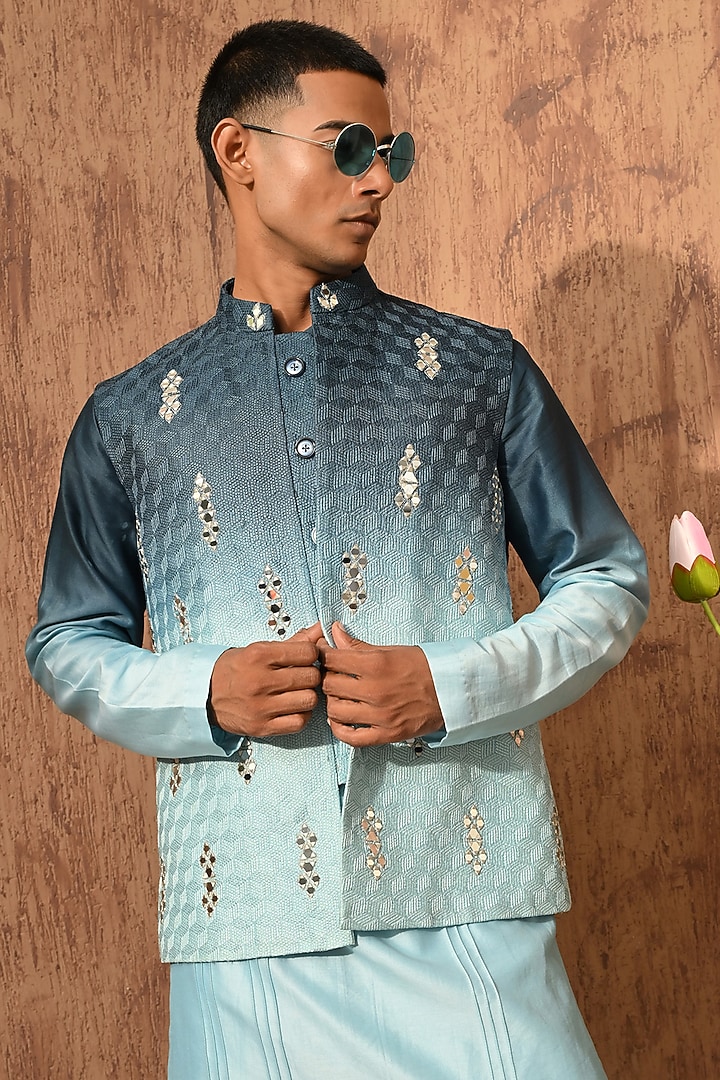 Blue Chanderi Embroidered Nehru Jacket Set by Sulakshna Jasra at Pernia's Pop Up Shop