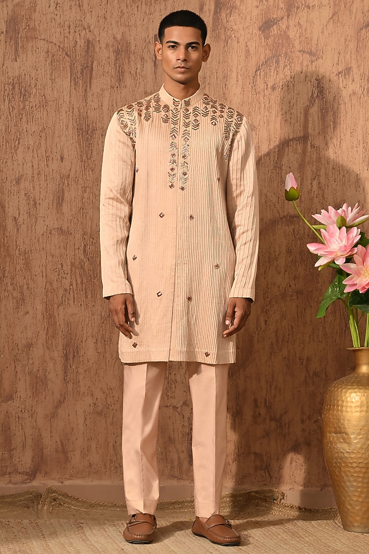 Rose Gold Linen Satin Embroidered Kurta Set by Sulakshna Jasra at Pernia's Pop Up Shop