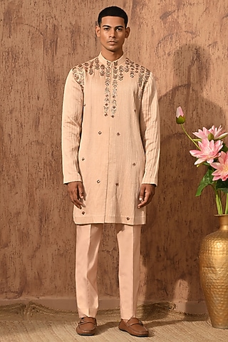 Rose Gold Linen Satin Embroidered Kurta Set by Sulakshna Jasra