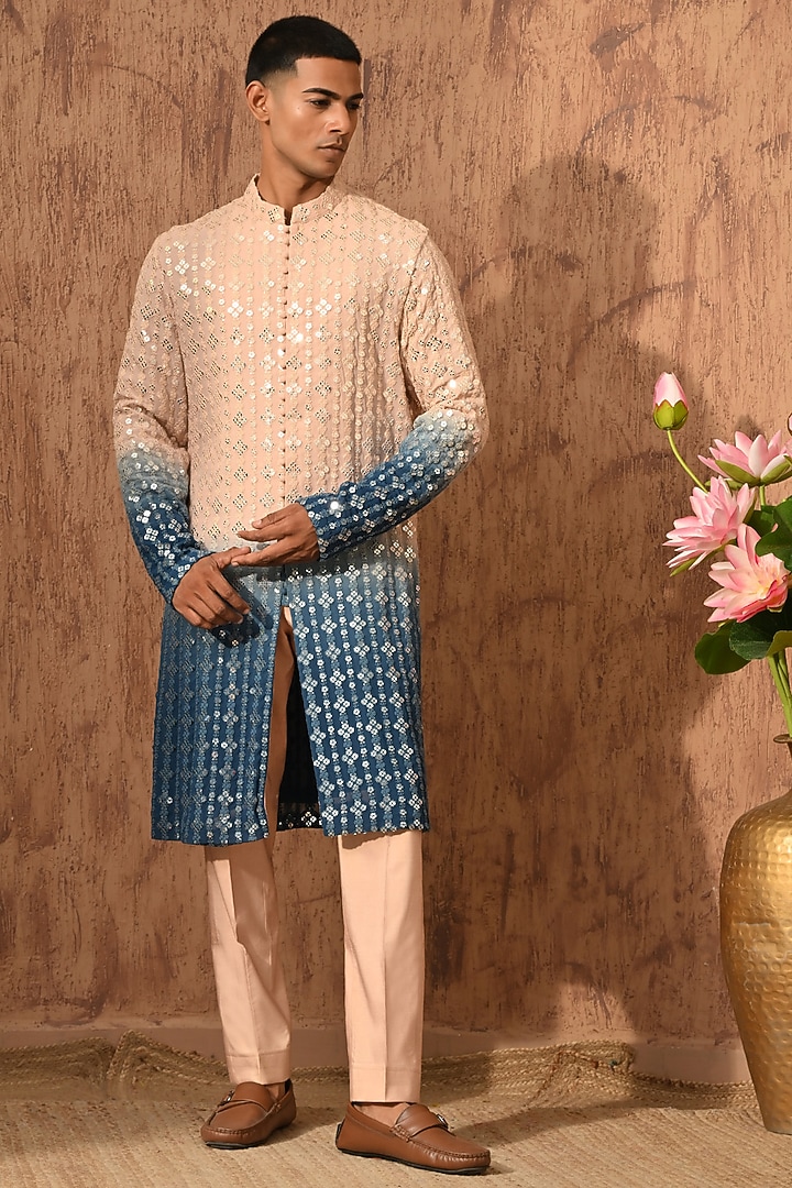Rose Gold & Blue Georgette Embroidered Kurta Set by Sulakshna Jasra at Pernia's Pop Up Shop