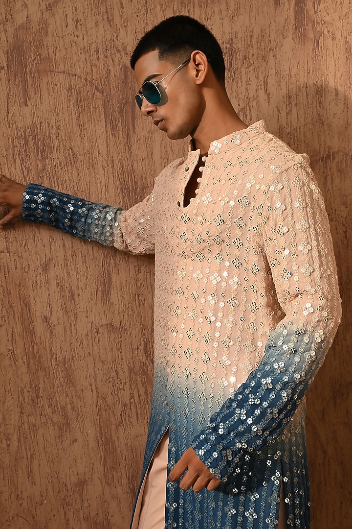Rose Gold & Blue Georgette Embroidered Kurta Set by Sulakshna Jasra at Pernia's Pop Up Shop