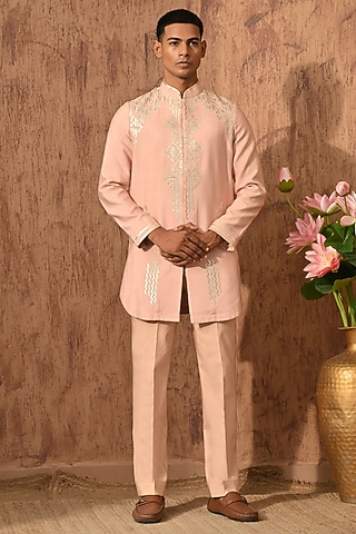 Rose Gold Cotton Tussar Embroidered Kurta Set by Sulakshna Jasra
