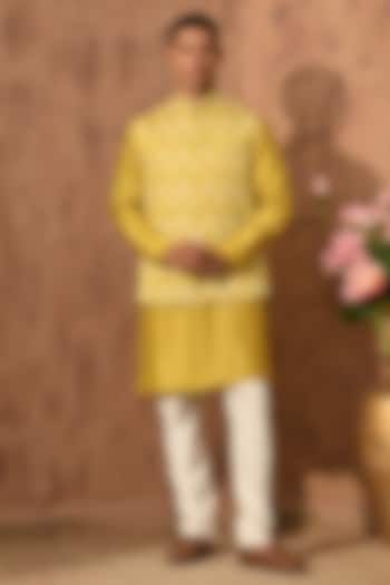 Yellow Linen Satin Embroidered Nehru Jacket Set by Sulakshna Jasra at Pernia's Pop Up Shop