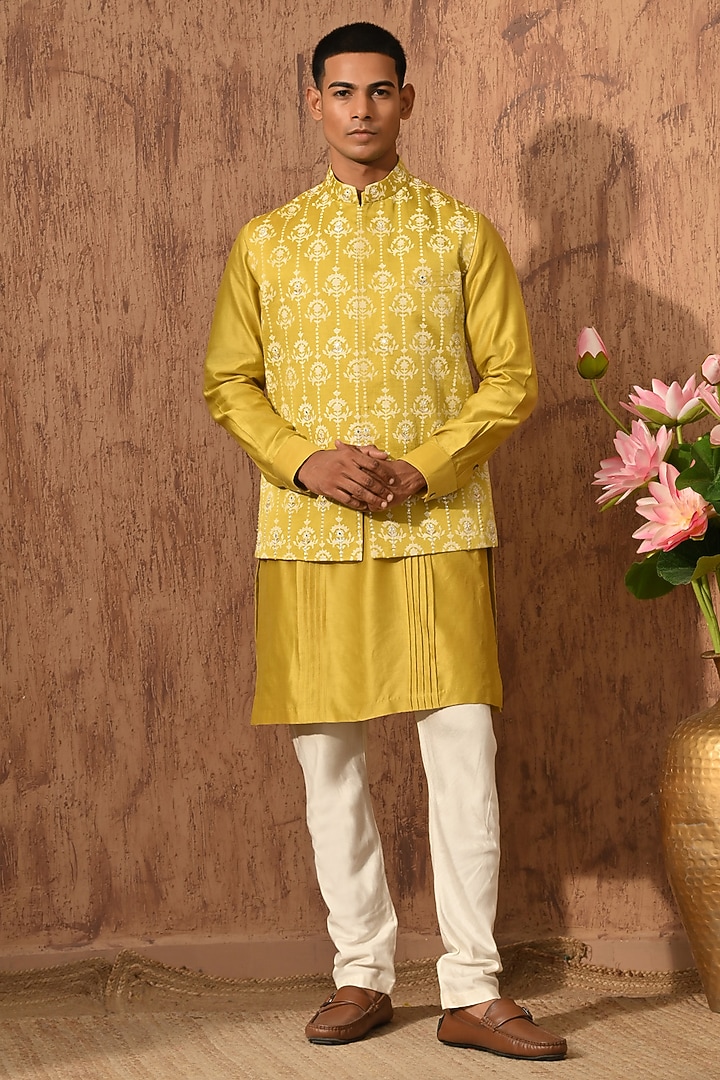 Yellow Linen Satin Embroidered Nehru Jacket Set by Sulakshna Jasra at Pernia's Pop Up Shop