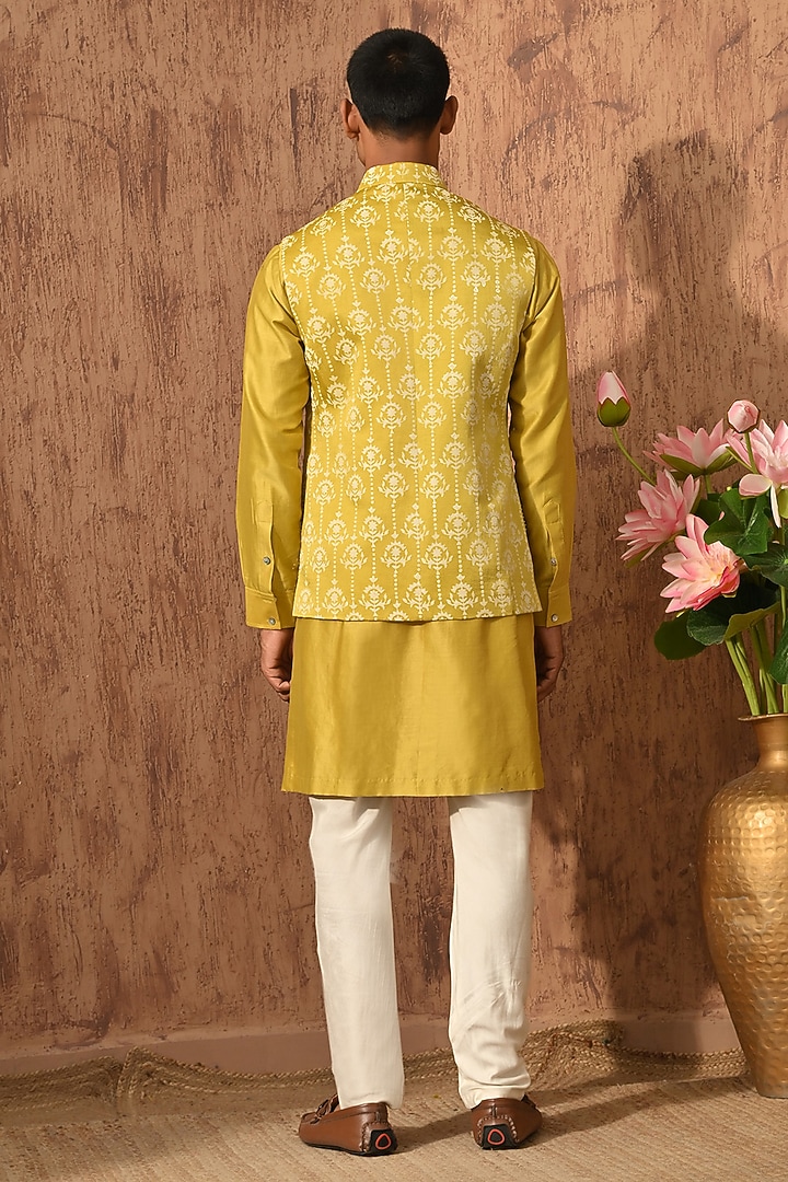Yellow Linen Satin Embroidered Nehru Jacket Set by Sulakshna Jasra at Pernia's Pop Up Shop