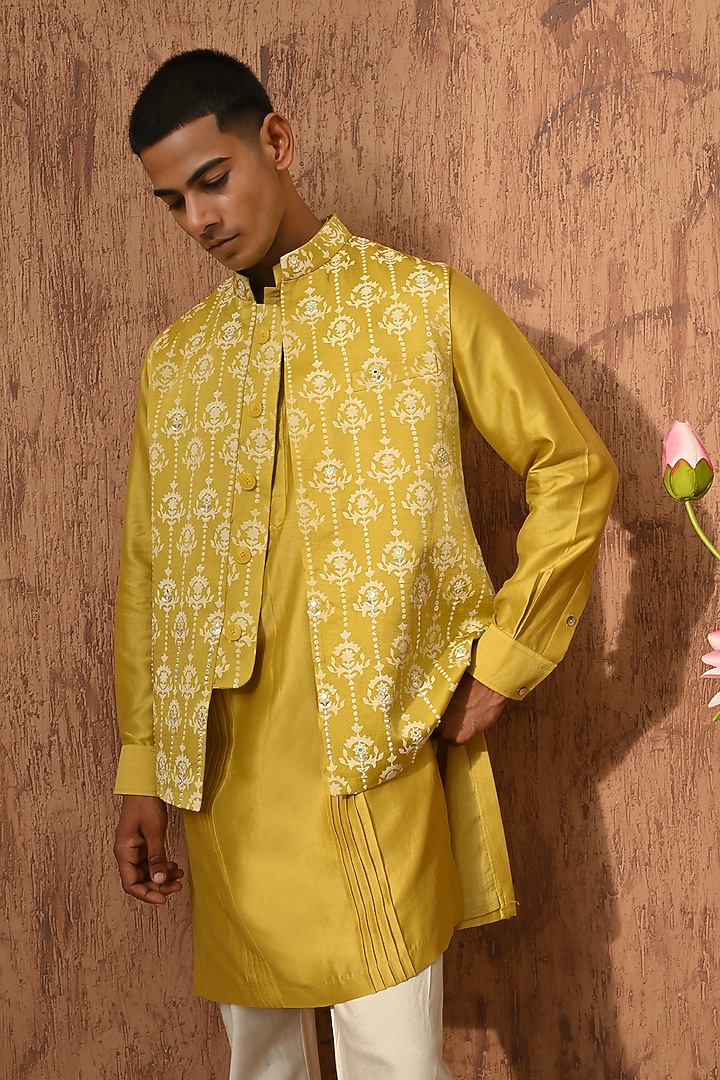 Yellow Linen Satin Embroidered Nehru Jacket Set by Sulakshna Jasra at Pernia's Pop Up Shop