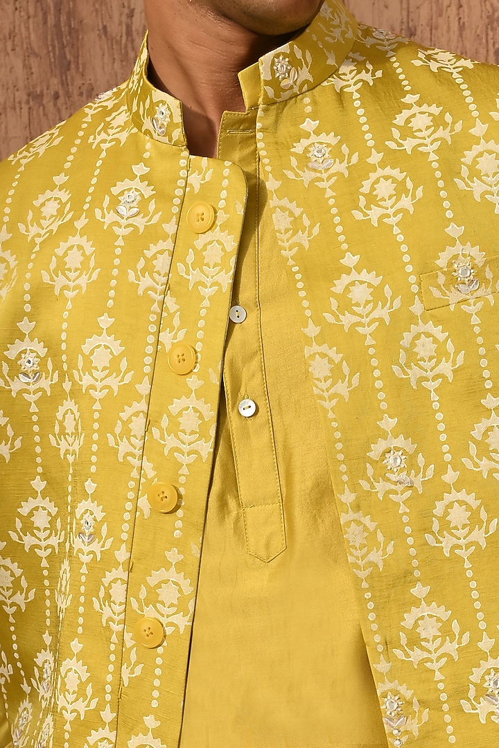 Yellow Linen Satin Embroidered Nehru Jacket Set by Sulakshna Jasra at Pernia's Pop Up Shop