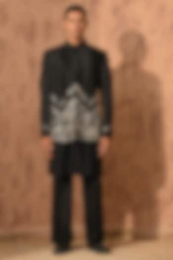 Black Linen Satin Zardosi Embroidered Wedding Bandhgala Set by Sulakshna Jasra at Pernia's Pop Up Shop