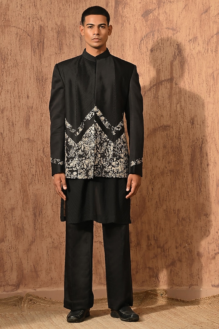 Black Linen Satin Zardosi Embroidered Wedding Bandhgala Set by Sulakshna Jasra at Pernia's Pop Up Shop